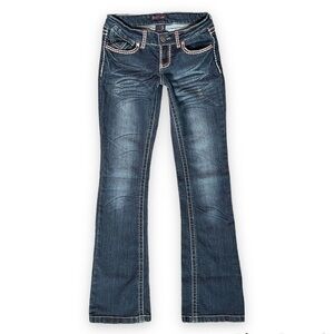 Black Crystal Jeans Dark Denim Thick Stitch Bootcut‎ Junior’s 3
